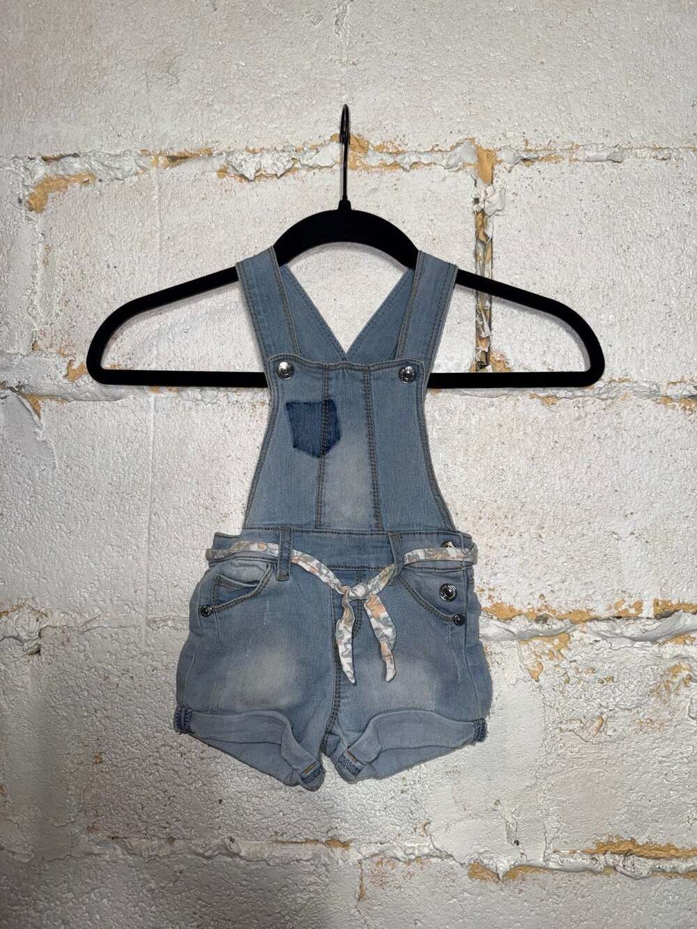 7 For All Mankind Girls Denim Shortall Overalls with Floral Tie Belt Size 24M